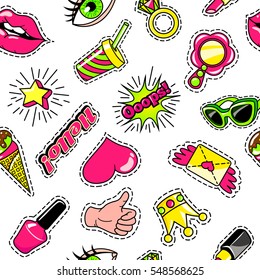 Elements for girls seamless pattern in comic style with fashion accessories on white background vector illustration