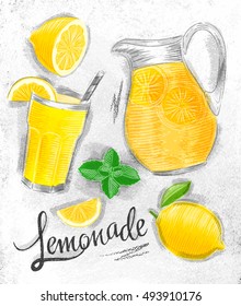 Elements glass, lemon, jug, mint lettering lemonade drawing on dirty paper background