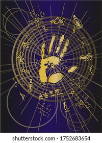 Elements with gold palm print, palmistry and esoteric palm and other gold magic sign with circles and lines 