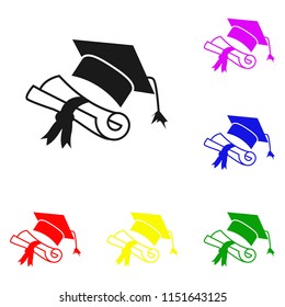Elements of Graduation cap / hat with diploma in multi colored icons. Premium quality graphic design icon. Simple icon for websites, web design, mobile app, info graphics on white background