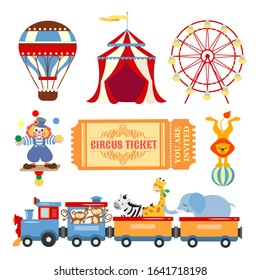 Elements for graphic design of the poster and invitation card for circus performances, children entertainment events, fair events. Circus tent, Ferris wheel, juggling clown, ticket to the circus.