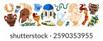 Elements of Greece culture set. Ancient gypsum statue of goddess head, branches of olives, lemons, antique vases, architecture. Greek symbols. Flat isolated vector illustrations on white background