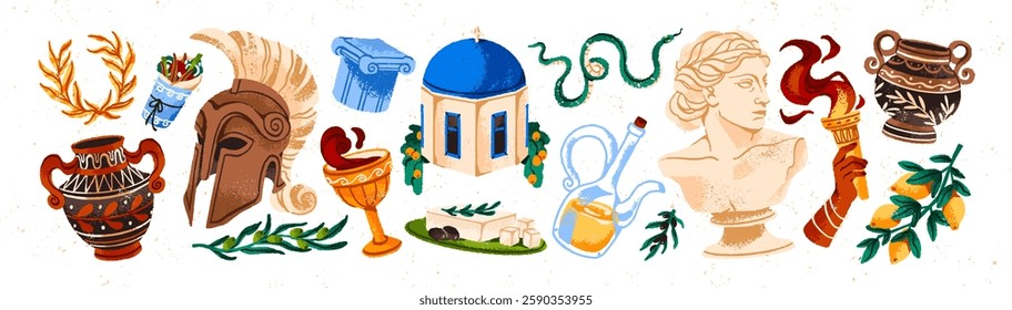 Elements of Greece culture set. Ancient gypsum statue of goddess head, branches of olives, lemons, antique vases, architecture. Greek symbols. Flat isolated vector illustrations on white background