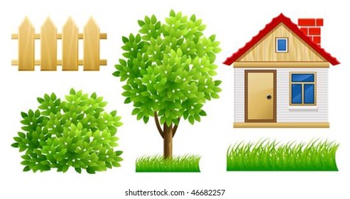 elements of green garden with house and fence - vector illustration, isolated on white background