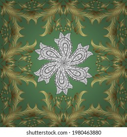 Elements with green, neutral and yellow colors. Snowflakes with different ornaments. Simple Christmas seamless pattern with geometric motifs. Vector illustration. Retro textile collection.