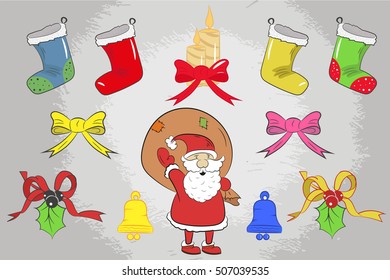 elements for greeting cards and for your projects. badges, merry Christmas, sock, candle, bell, gift, candy. drawing hand.