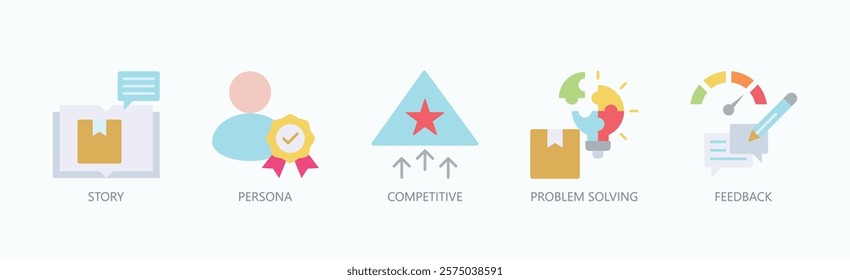 Elements Of Growth Icon Set Isolated Vector With Icon Of Story, Personal, Competitive, Problem Solving, Feedback In Flat Style