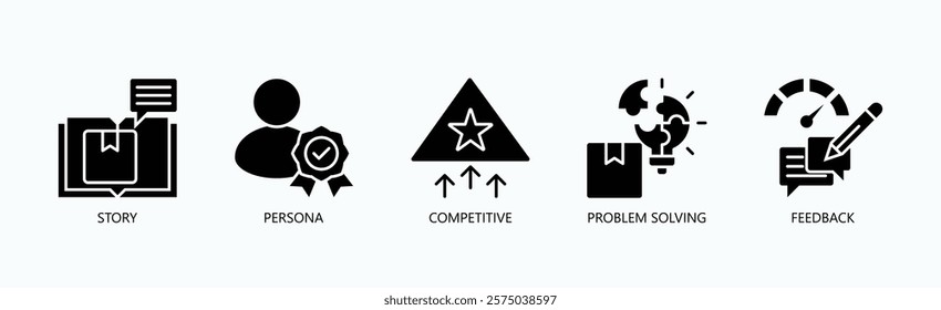 Elements Of Growth Icon Set Isolated Vector With Icon Of Story, Personal, Competitive, Problem Solving, Feedback In Glyph Style