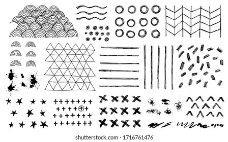 Elementos para el diseño de grunge y manchas y líneas de tinta aisladas en fondo blanco, imagen vectorial.