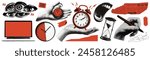 Elements of halftone collage. Concept of business, time management. Laptop, eyes, hand with pen, clock, newspaper, mouth and other. Modern vector illustration.
