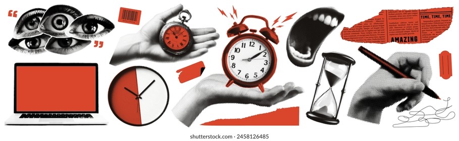 Elements of halftone collage. Concept of business, time management. Laptop, eyes, hand with pen, clock, newspaper, mouth and other. Modern vector illustration.