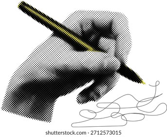 Elements of halftone collage. Concept of business, hand with pen Modern vector illustration. Collage