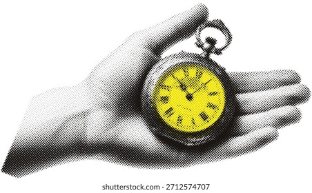 Elementos de gestión de tiempo de collage.halftone.  Ilustración vectorial moderna. Collage De Reloj De Mano.