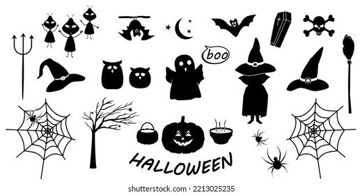 Elements of Halloween in black. Halloween pumpkin, spiders, skull, ghost and other festive attributes in black color. Black elements on white background. Halloween icons.