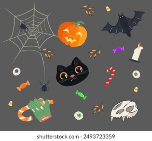 Elements of Halloween cartoon elements. Vector illustration, big set of spooky design elements in simple style. Scary items, symbols and signs. Halloween decorations