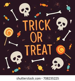 Elements Halloween. Inscription trick or treat is surrounded by bones, skulls, sweets, lollipops, candy. Vector elements for the design of leaflets, posters, greeting cards, invitations, banners.