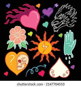 Elementos dibujados a mano doodle colorante ilustración vintage para pegatinas de tatuaje etc