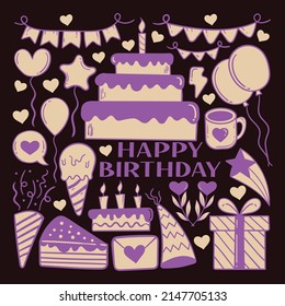  Elements hand drawn colorful doodle happy birthday premium vector