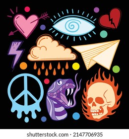 Elements hand drawn colorful doodle vintage illustration for tattoo sticker etc