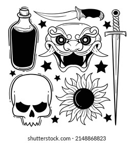 Elements hand drawn doodle vintage for tattoo sticker etc