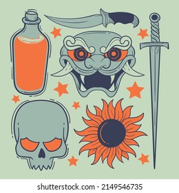 Elements hand drawn doodle vintage for tattoo sticker etc