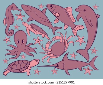 Elements hand drawn sea animal doodle for sticker etc