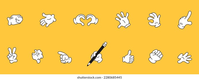 Elements of hands of characters in white gloves. Comic finger gestures in cartoon style. Vector illustration of different signs with palms.