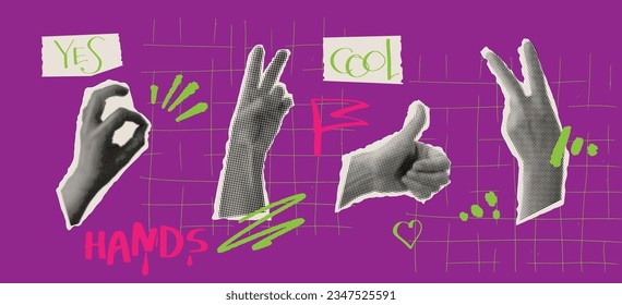 Elements with hands and cutout shape.. Halftone hands gesture in violet background. Retro template for banner, poster, card. Punk art vector illustration.