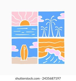 Elements of the happiness, summer beach vector illustration, surfing time, design for t shirt, sticker, poster, etc