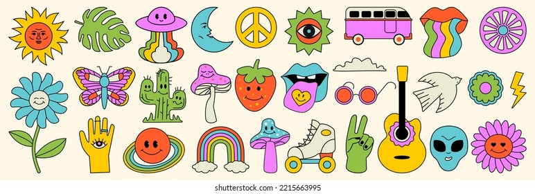 Elements in the hippie style of the 70s, a collection of psychedelic groove. Cartoon funny mushrooms, flowers, butterfly, alien, rainbow, nostalgic colorful set of vector shapes.