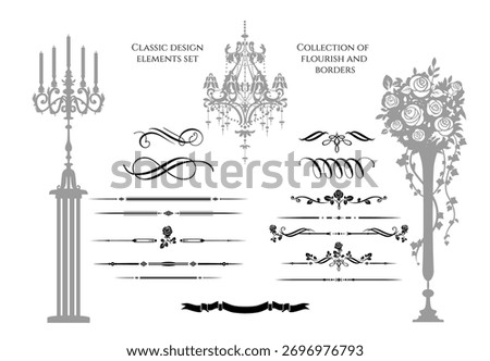Elements for holiday wedding design or celebration. Vector vintage frames, logo, monograms, ribbons and design calligraphic elements clipart for invitation or congratulatory card
