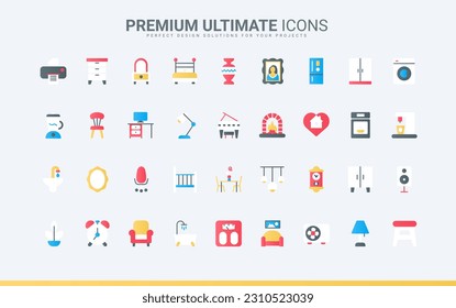 Elements for house interior, household equipment collection with wardrobe sink chair sofa bed lamp desk armchair. Home furniture and appliances trendy flat icons set vector illustration