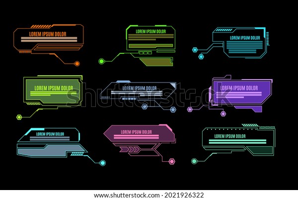 Elements Hud. Futuristic callout bar, modern digital\
info boxes layout. Abstract visualization user interactive\
dashboards, shining vr menu geometric panel with copy space, vector\
isolated set