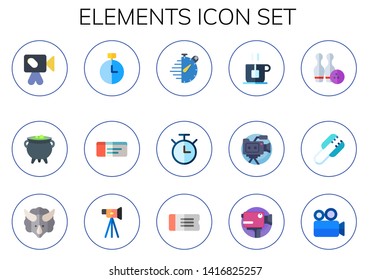 elements icon set. 15 flat elements icons.  Collection Of - video camera, cauldron, chronometer, ticket, stopwatch, tea, movie camera, bowling, tongs, triceratops