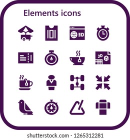  elements icon set. 16 filled elements icons. Simple modern icons about  - Food cart, Ticket, d, Stopwatch, Tea, Chemist, Chassis, Minimize, Bird, Triangle, Sofa
