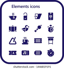 elements icon set. 16 filled elements icons.  Collection Of - Tea, Doorknob, Shear, d, Baggage, Bird, Bladder pipe, Stop watch, Triangle, Ticket, Nightstand, Stopwatch