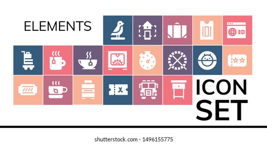 elements icon set. 19 filled elements icons.  Collection Of - Bird, Baggage, Ticket, Tea, Jury, Nightstand, d, Stopwatch, Hamster ball, Smart home