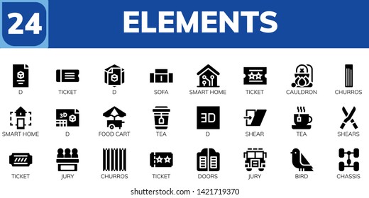 elements icon set. 24 filled elements icons.  Simple modern icons about  - d, Ticket, Sofa, Smart home, Cauldron, Churros, Food cart, Tea, Shear, Shears, Jury, Doors, Bird, Chassis