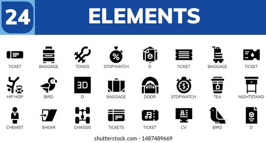 elements icon set. 24 filled elements icons.  Simple modern icons about  - Ticket, Baggage, Tongs, Stopwatch, d, Hip hop, Bird, Door, Tea, Nightstand, Chemist, Shear, Chassis