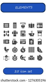  elements icon set. 25 filled elements icons. Simple modern icons about  - Ticket, Churros, Tea, Baggage, d, Chassis, Sofa, Door, Nightstand, Tickets, Doorknob, Bird, Stopwatch