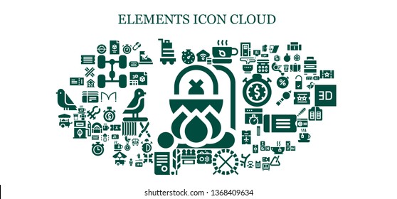 elements icon set. 93 filled elements icons.  Simple modern icons about  - Cauldron, Stopwatch, d, Baggage, Smart home, Tea, Ticket, Hamster ball, Jury, Independence, Food cart