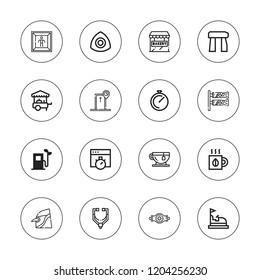 Elements icon set. collection of 16 outline elements icons with bakery, bird, bumper car, chalk, claustrophobia, chassis, chronometer, door, dolmen, food cart, eco fuel icons.