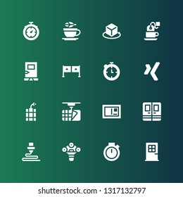conjunto de iconos de elementos. Colección de 16 íconos de elementos rellenos, incluyendo Puertas, Chronómetro, d, Postcard, Dinamita, Xing, Entrance, Té, Stopwatch