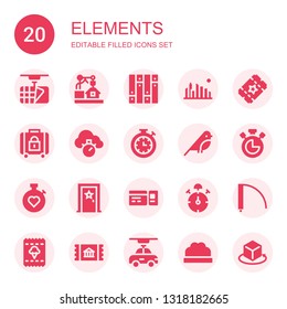 elements icon set. Collection of 20 filled elements icons included d, Parquet, Cityscape, Ticket, Baggage, Chronometer, Stopwatch, Bird, Door, Stop watch, Bush