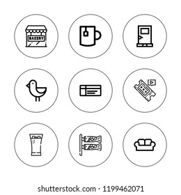 Elements icon set. collection of 9 outline elements icons with bakery, bird, door, koinobori, tea, thandai, ticket icons. editable icons.