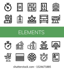 elements icon set. Collection of Stopwatch, Snowboarder, Door, Resume, Periodic table, Native american, Potting bench, Raffle, Kabuki, Tickets, Sugar, Color circle, Herbal tea icons