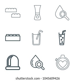 Elements icons. set of 9 editable outline elements icons such as building block, soda, drop under magnifier, opened door, nail polish