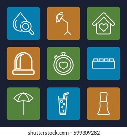 elements icons set. Set of 9 elements outline icons such as nail polish, soda, drop under magnifier, stopwatch, studio umbrella, love home, opened door