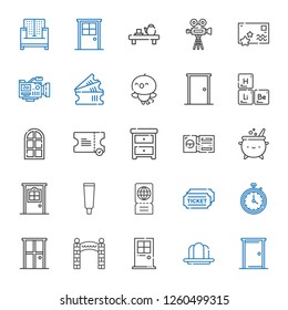 elements icons set. Collection of elements with door, gelatine, entrance, stopwatch, tickets, ticket, tooth paste, cauldron, nightstand. Editable and scalable elements icons.