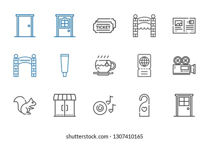 elements icons set. Collection of elements with door, doorknob, romantic music, entrances, squirrel, video camera, ticket, tea, tooth paste. Editable and scalable elements icons.